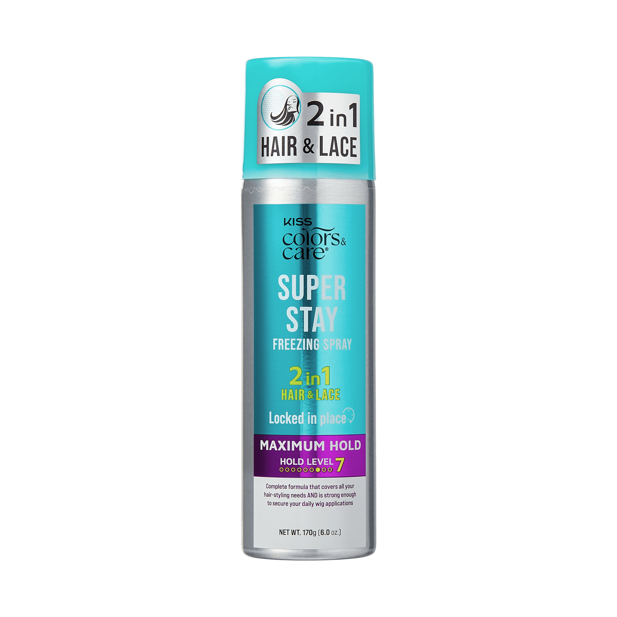 The image features a bottle of "Kiss Colors &amp; Care Super Stay Freezing Spray." It is a 2-in-1 product designed for both hair and lace, emphasizing its ability to provide maximum hold. The bottle is clear with a turquoise cap, and the label highlights the product&