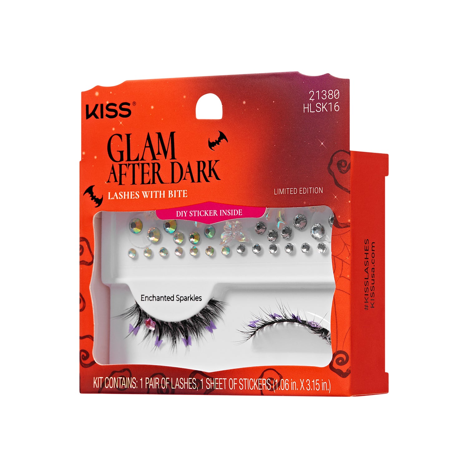 KISS Glam After Dark Halloween false eyelashes with purple accents and a gem, plus a sheet of shiny gem stickers, in orange and black packaging.