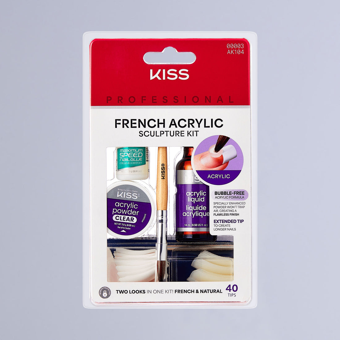 KISS Professional French Acrylic Sculpture Kit packaging with nail glue, acrylic powder, liquid, brush, and 40 French and natural tips. Bubble-free formula for flawless finish and extended tips for longer nails.