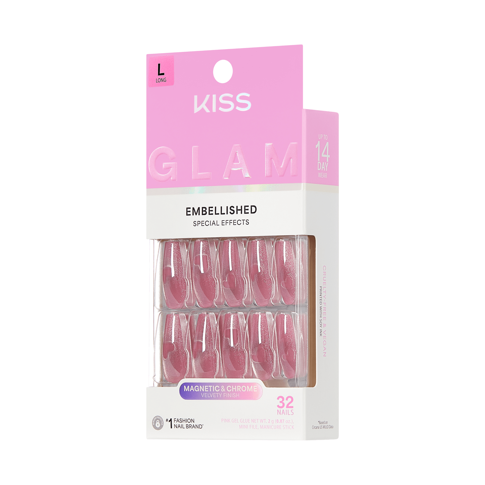KISS Glam Embellished Nails, 32-Count, Magnetic &amp; Chrome, Long Length