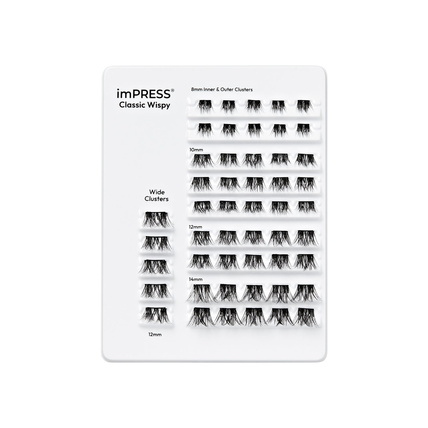 imPRESS Classic Wispy lash cluster display chart showing 8mm-14mm sizes