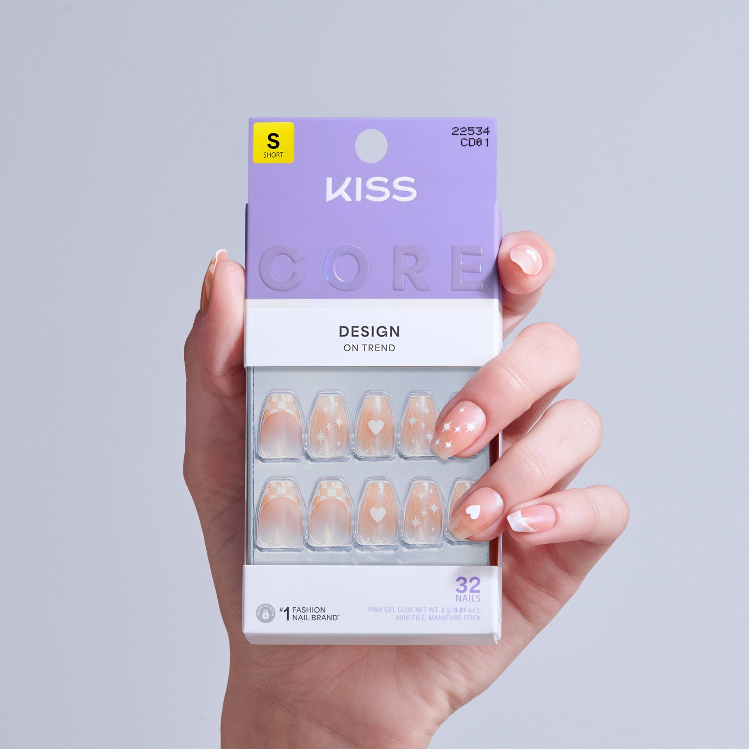 KISS Core Design press-on nails, short size, 32 nails with hearts and stars design