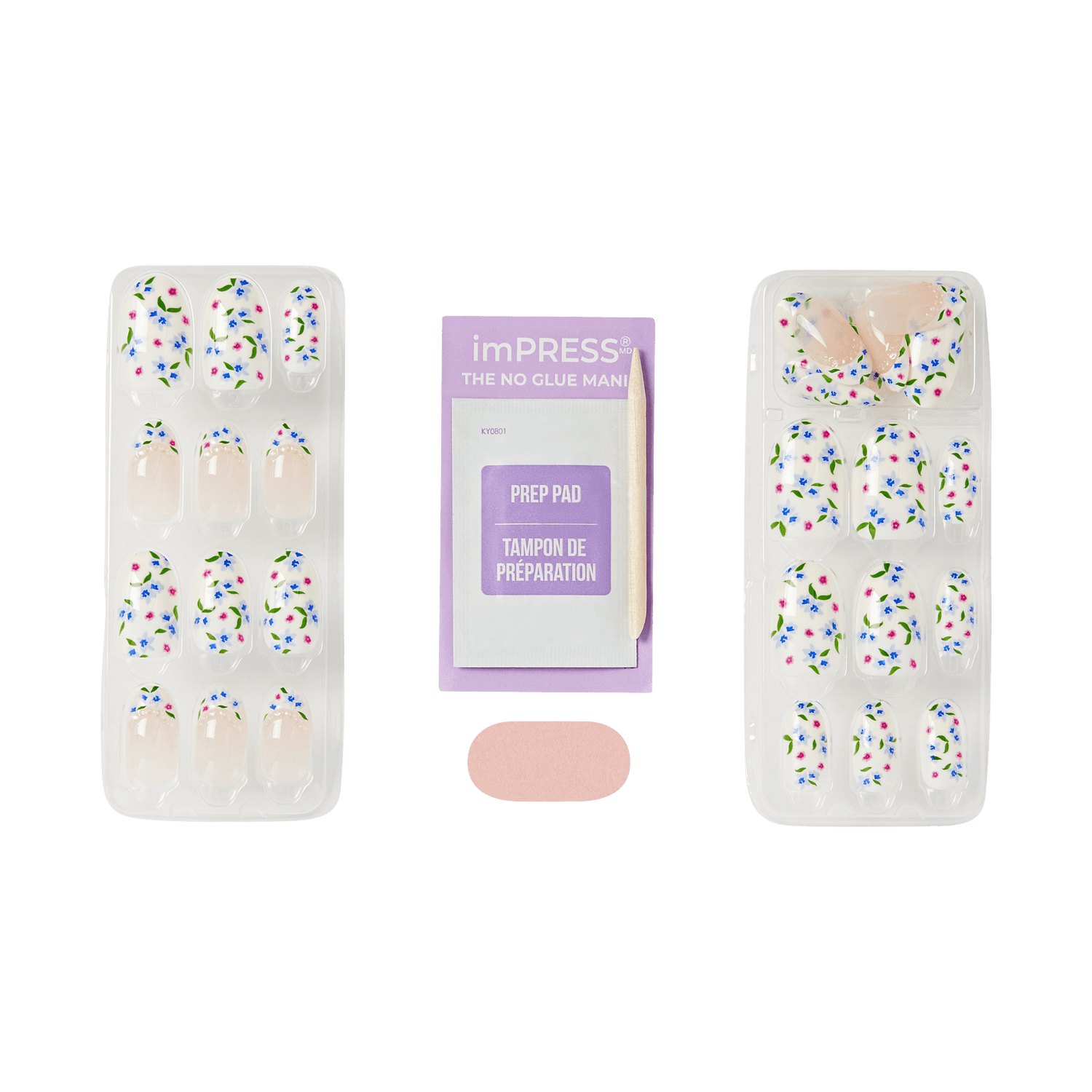 imPRESS press-on nails with colorful floral design, prep pad, and nail file included.
