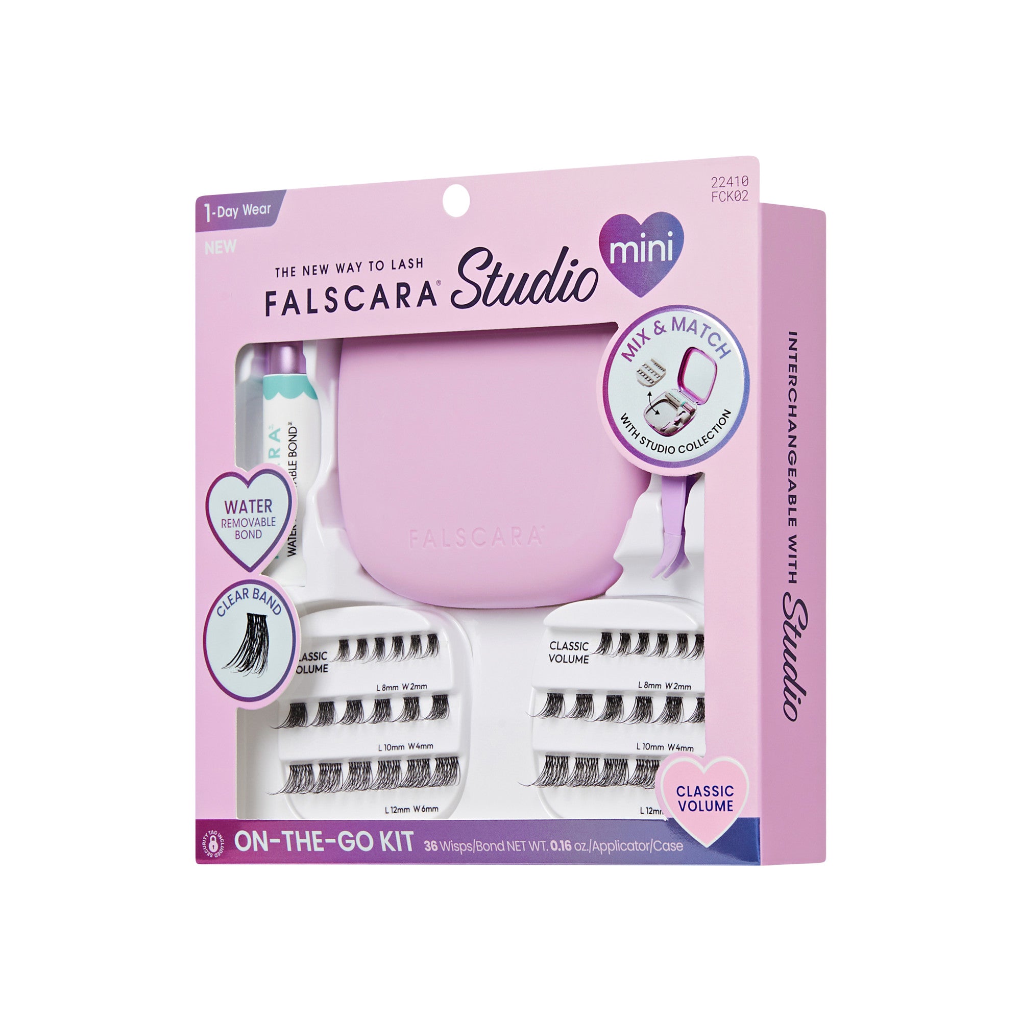 Falscara Studio Mini On-The-Go Kit with false lashes, clear band, water-removable bond, and pink case.