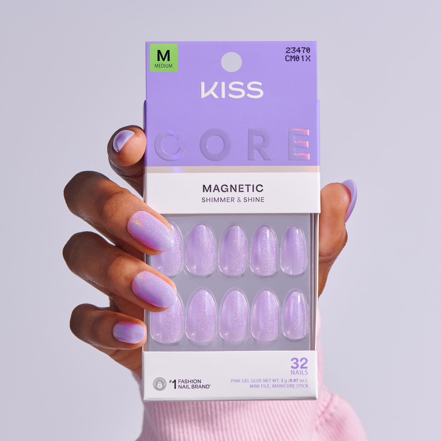 KISS Core Magnetic Shimmer &amp; Shine nail kit in lavender with 32 nails, size Medium.