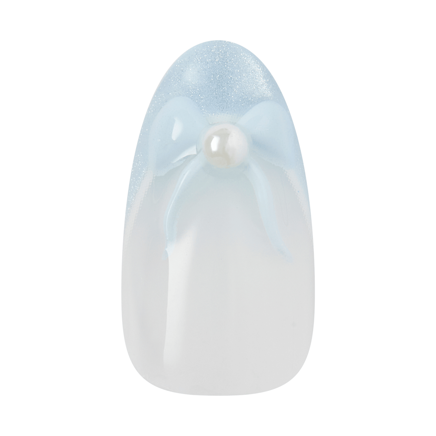 White teardrop-shaped nail polish bottle with blue sparkle top