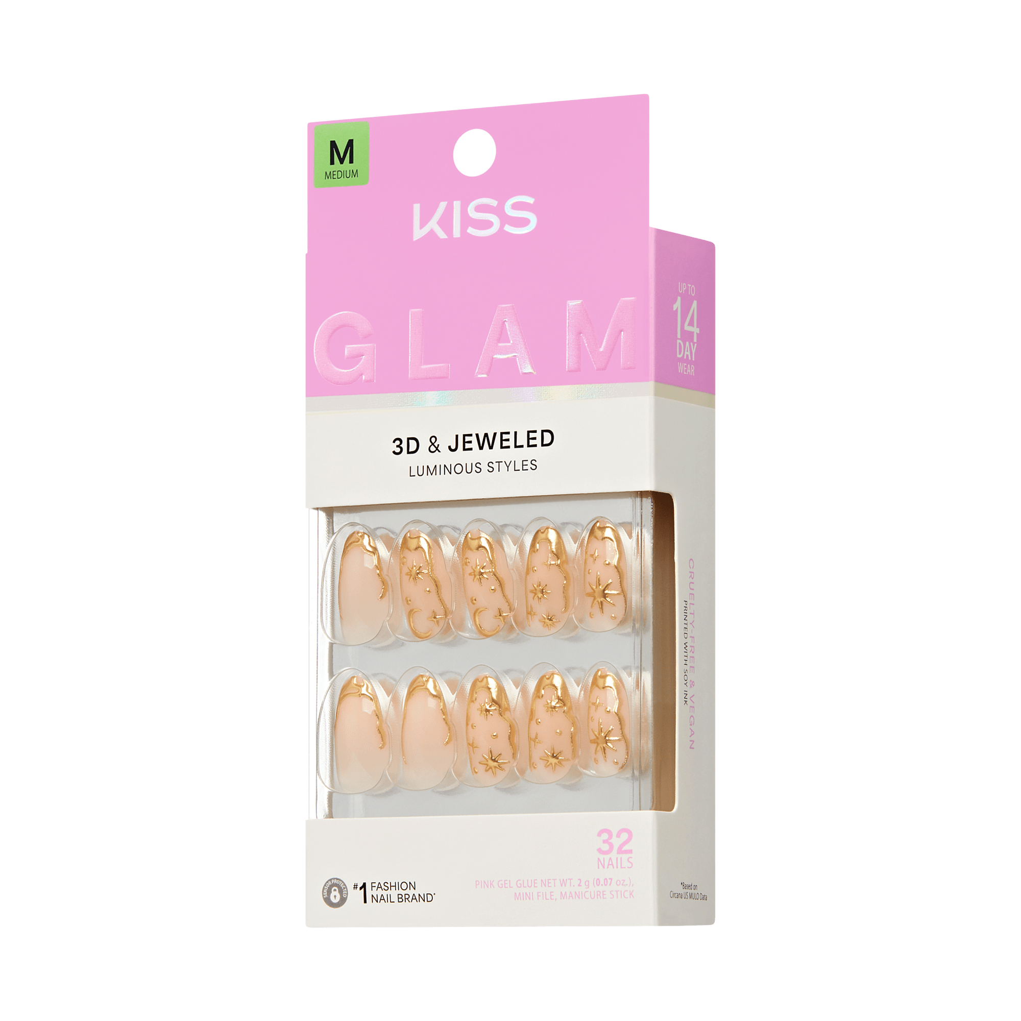 Kiss Glam 3D &amp; Jeweled Press On Fake Glue Nails - Golden | 3D &amp; Jewel Design, Gold, Medium, Almond