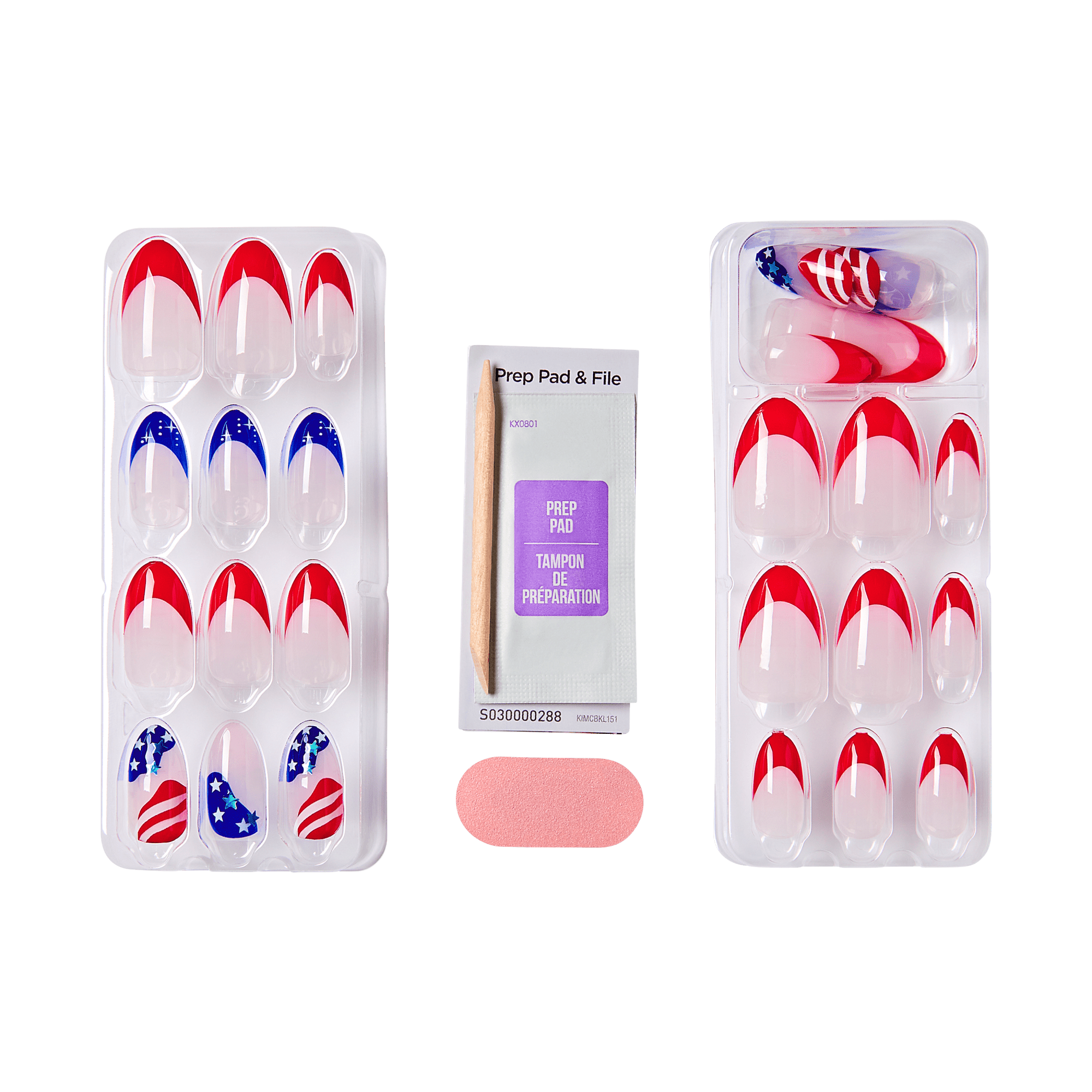Nail art kits with press-on nails, prep pad, file, and applicator tool.