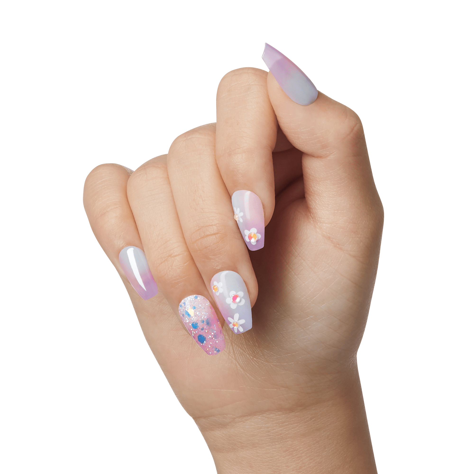 The image shows a hand with manicured nails. The nails are decorated with a variety of designs. The thumb and pinky nails have a gradient effect transitioning from a light purple to a light blue. The index and middle nails are painted in a light pink shade with small white and yellow flower designs. The ring finger nail features a clear base with colorful glitter and small flower designs. The overall look is vibrant and playful, combining pastel colors, floral patterns, and glitter.