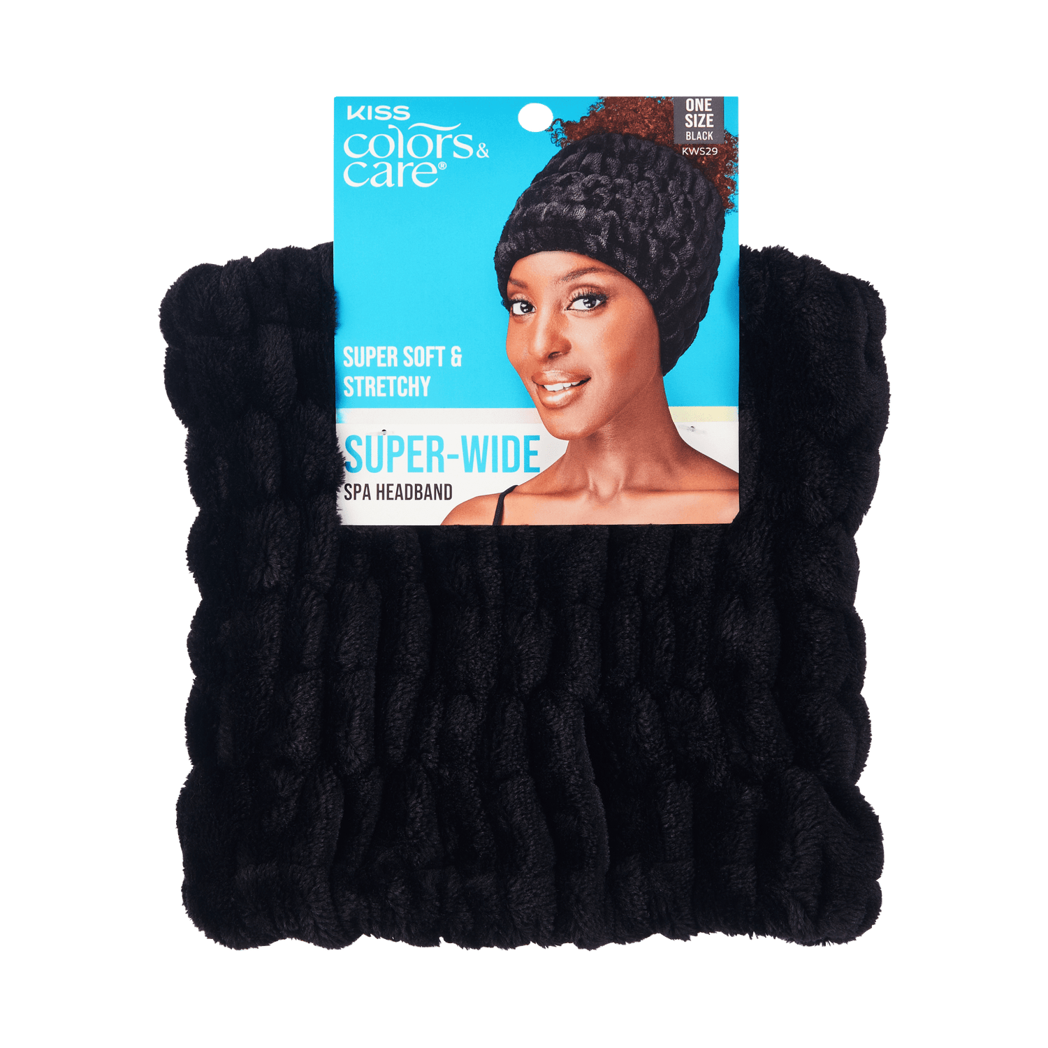 Black super-wide spa headband with soft, stretchy texture shown on packaging featuring a smiling woman. Text highlights "Super Soft &amp; Stretchy."