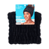 Black super-wide spa headband with soft, stretchy texture shown on packaging featuring a smiling woman. Text highlights "Super Soft & Stretchy."