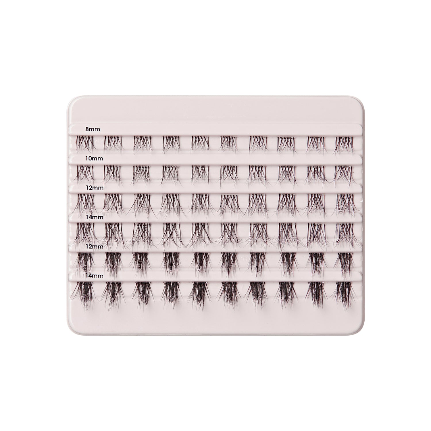 Eyelash extension palette with 10 pairs each of 8mm, 10mm, 12mm, and 14mm lashes.