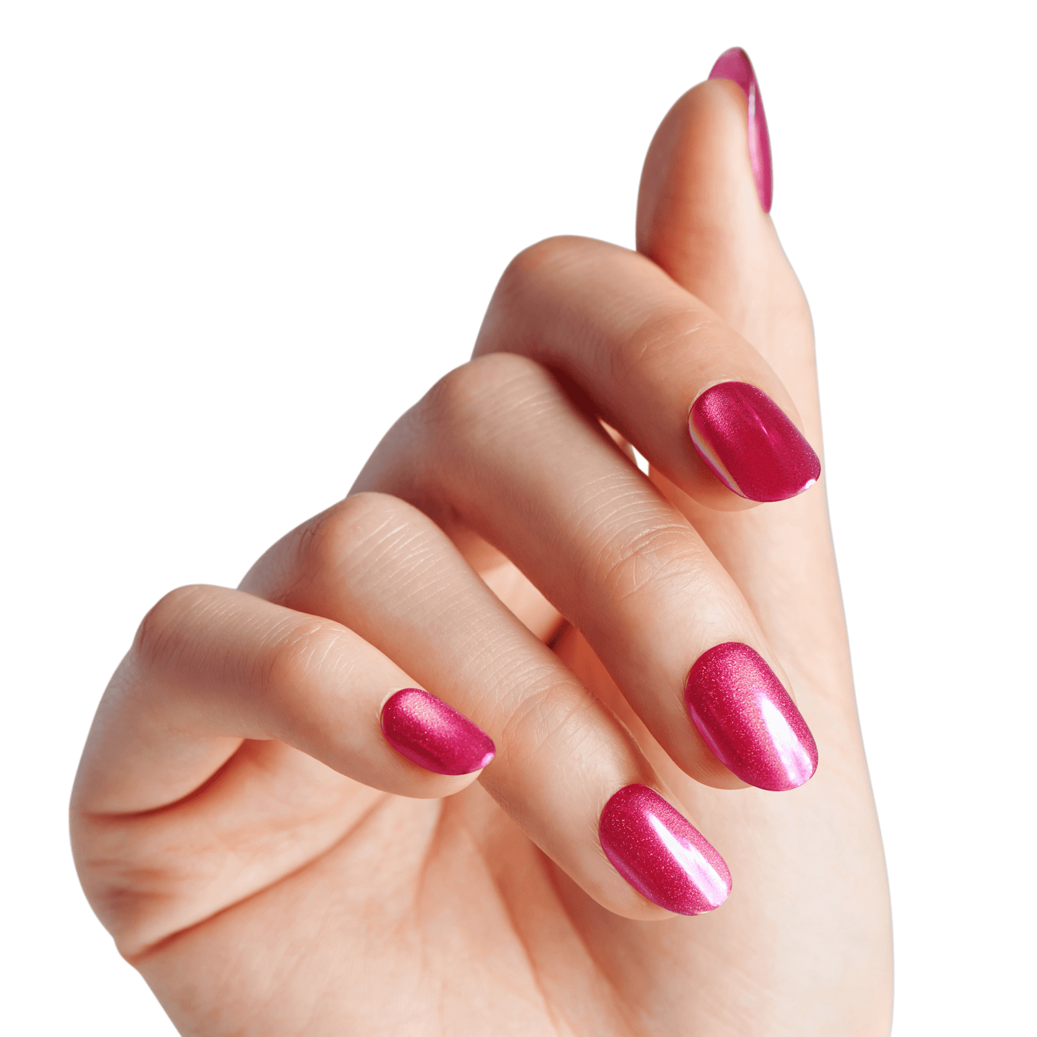 The image features a hand with well-manicured nails painted in a vibrant shade of pink. The nails have a glossy finish, showcasing a shimmering effect that catches the light. The hand is positioned elegantly, with fingers slightly spread, highlighting the polished look of the nails. The background is plain white, emphasizing the vivid color of the nail polish.