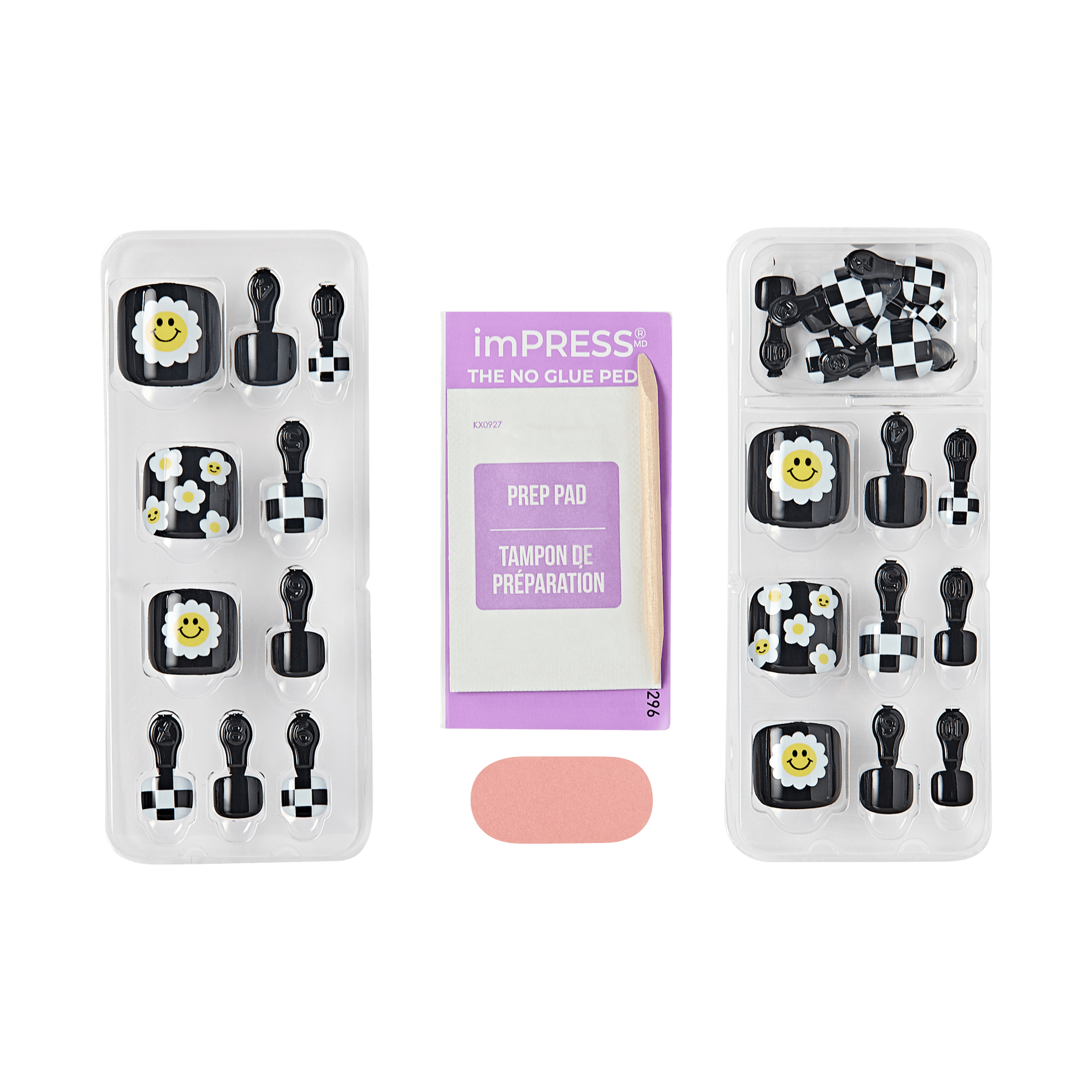 imPRESS Press-On Nails with daisy and smiley face designs in black and white