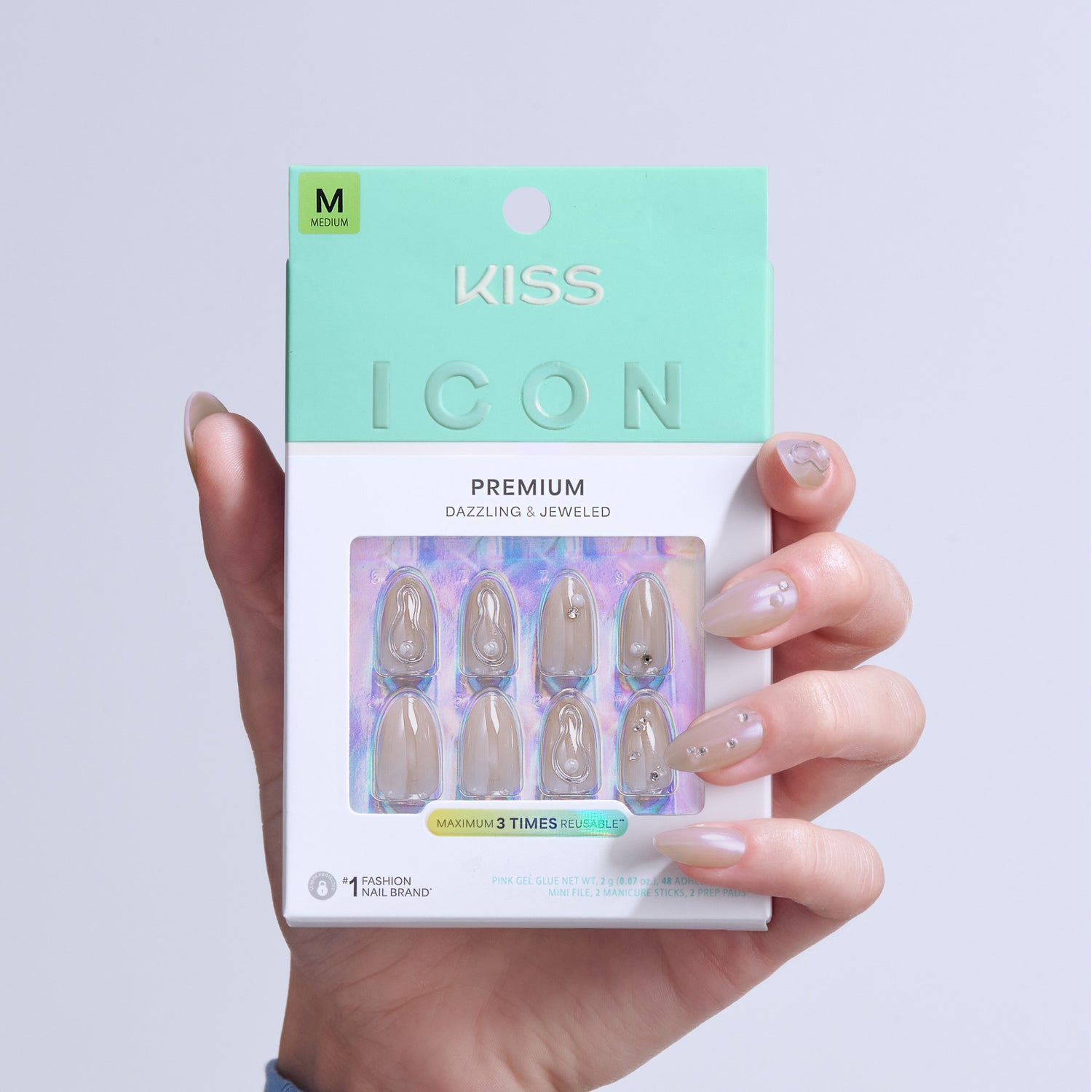 KISS Icon Premium press-on nails in medium size, dazzling jeweled design.