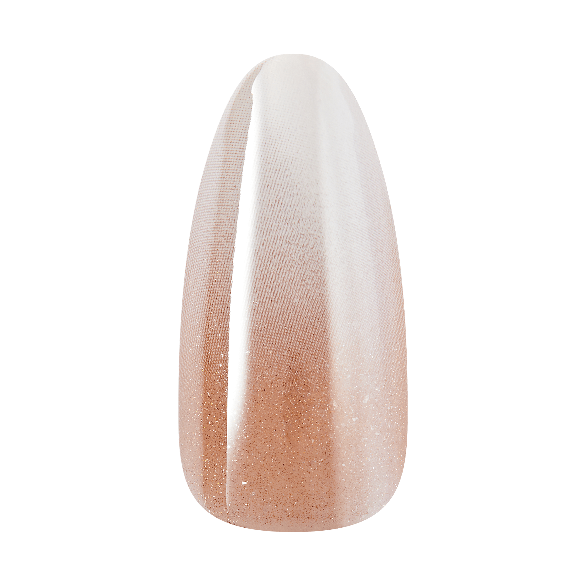 Almond-shaped nail with gradient from nude to glitter finish