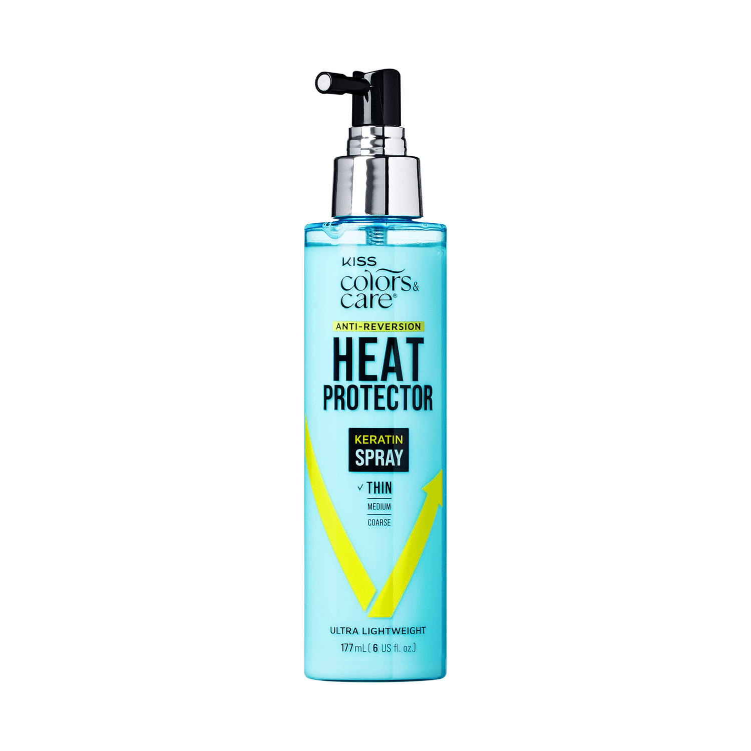 Blue spray bottle with black and silver pump, labeled KISS Colors &amp; Care Anti-Reversion Heat Protector Keratin Spray for thin hair, ultra lightweight, 177ml.