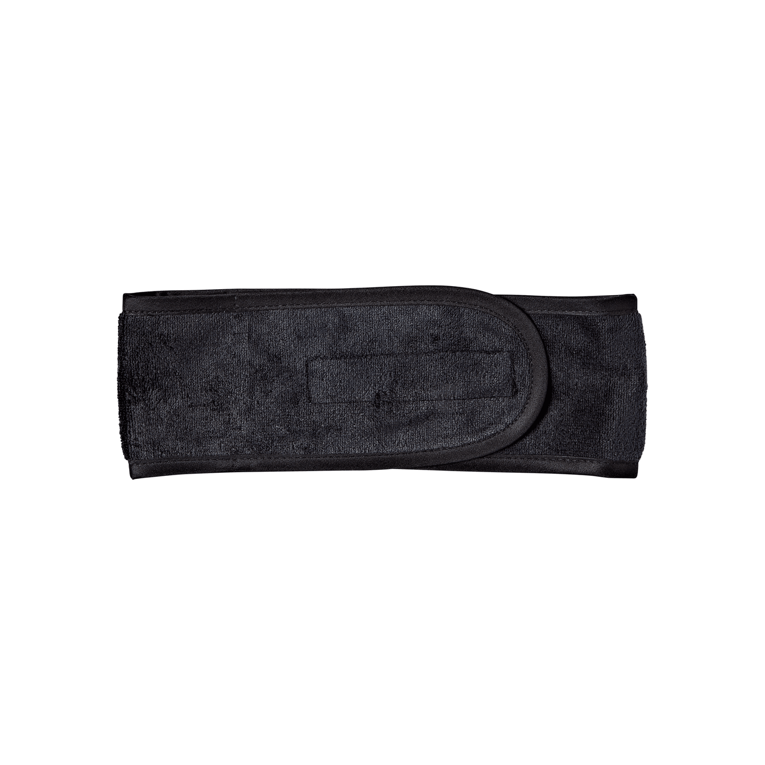 Black satin-lined spa headband with a soft, terry exterior and an adjustable Velcro closure, shown flat against a white background.