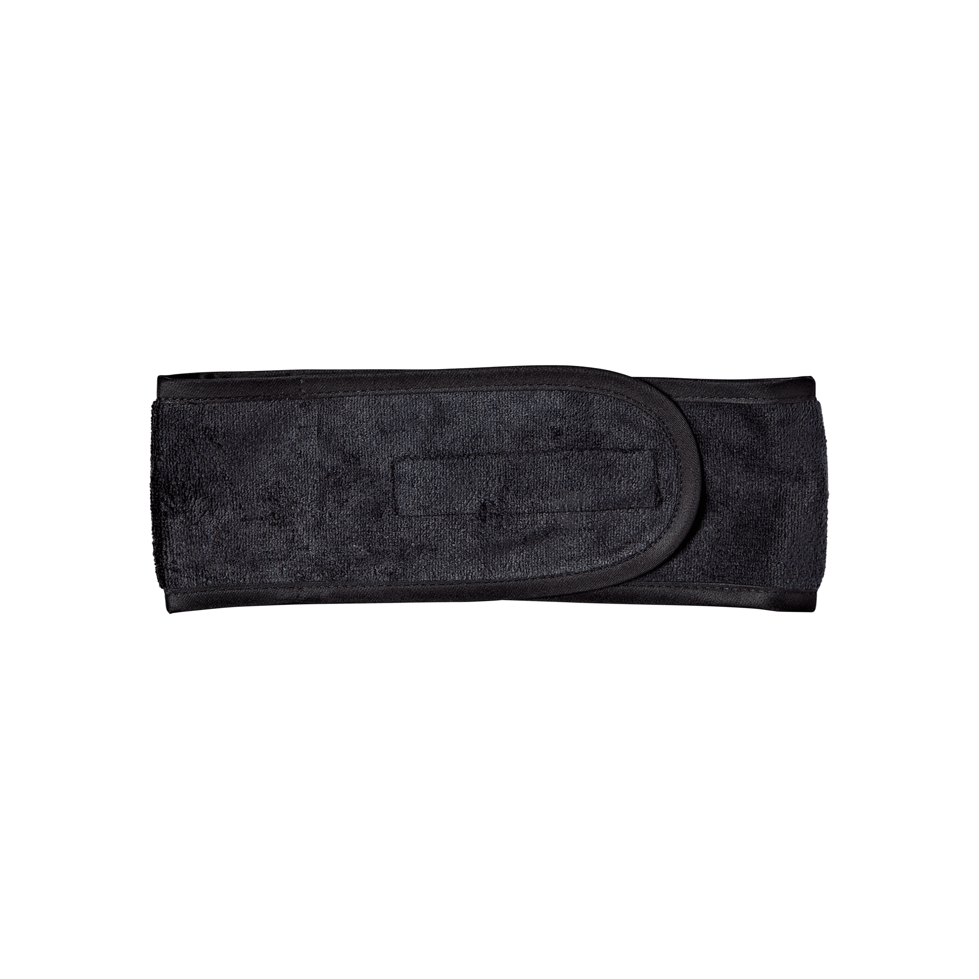Black satin-lined spa headband with a soft, terry exterior and an adjustable Velcro closure, shown flat against a white background.