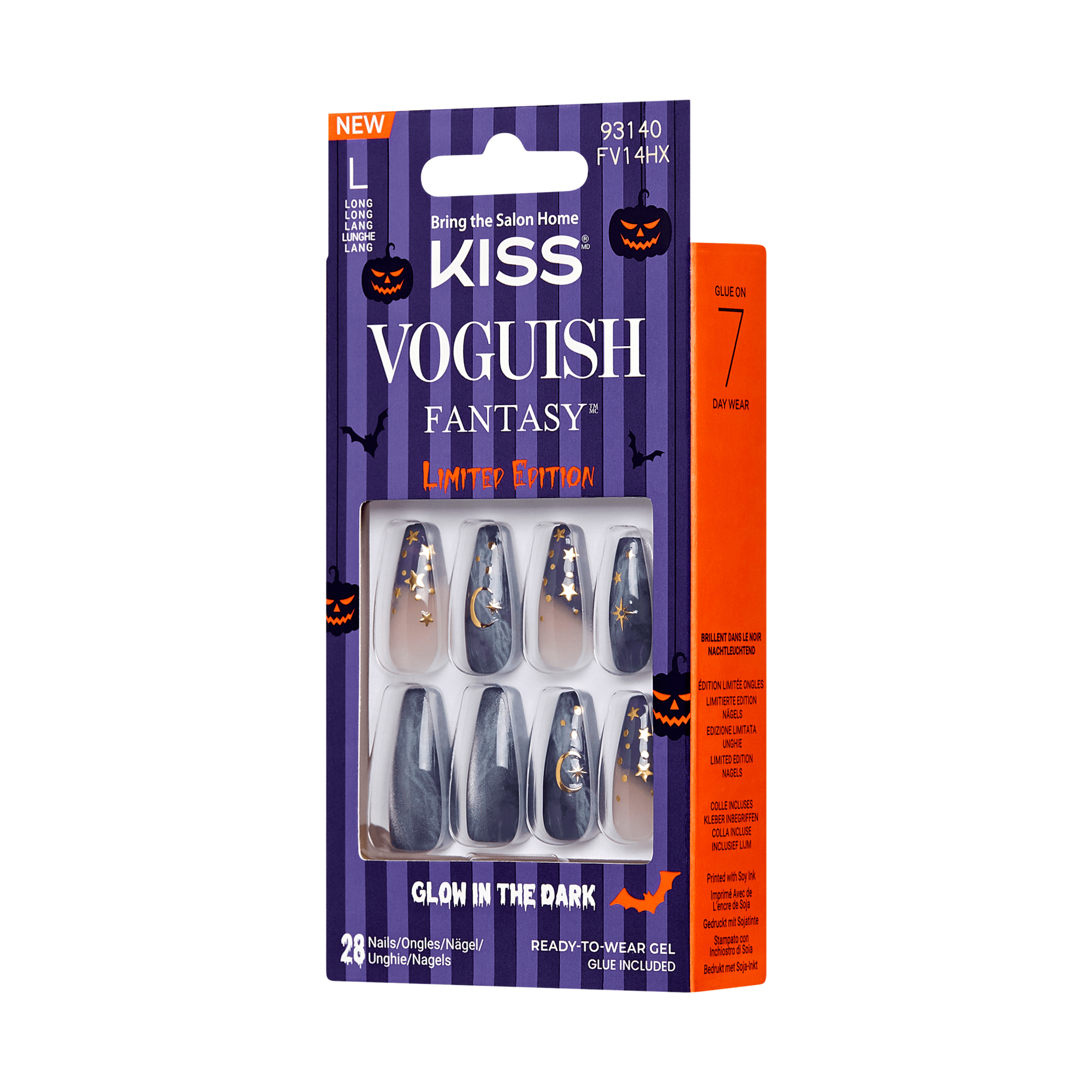 The image shows a package of KISS brand "Voguish Fantasy" limited edition press-on nails. The packaging is predominantly purple with orange accents and features Halloween-themed designs. The nails are described as "Glow in the Dark" and come in a set of 28 nails. The package also mentions that the nails are ready-to-wear gel and includes glue. The product code on the package is 93140 FV14HX. The nails have various designs, including some with Halloween motifs like pumpkins and bats.