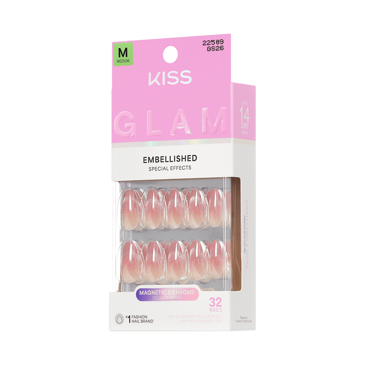 KISS Glam Embellished Medium False Nails, Pink Ombre, 32 Count