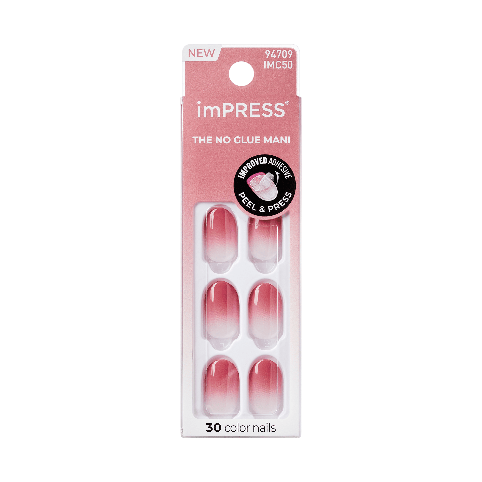 The image features a packaging for imPRESS press-on nails. The design showcases a set of 30 color nails, which are presented in a gradient style, transitioning from a light pink to a darker shade. The packaging is predominantly pink and white, with a circular logo indicating "NEW" and highlighting the "NO GLUE MANI" feature. The product emphasizes an "improved adhesive" for easy application, and the nails are arranged in a clear display, allowing visibility of their design.