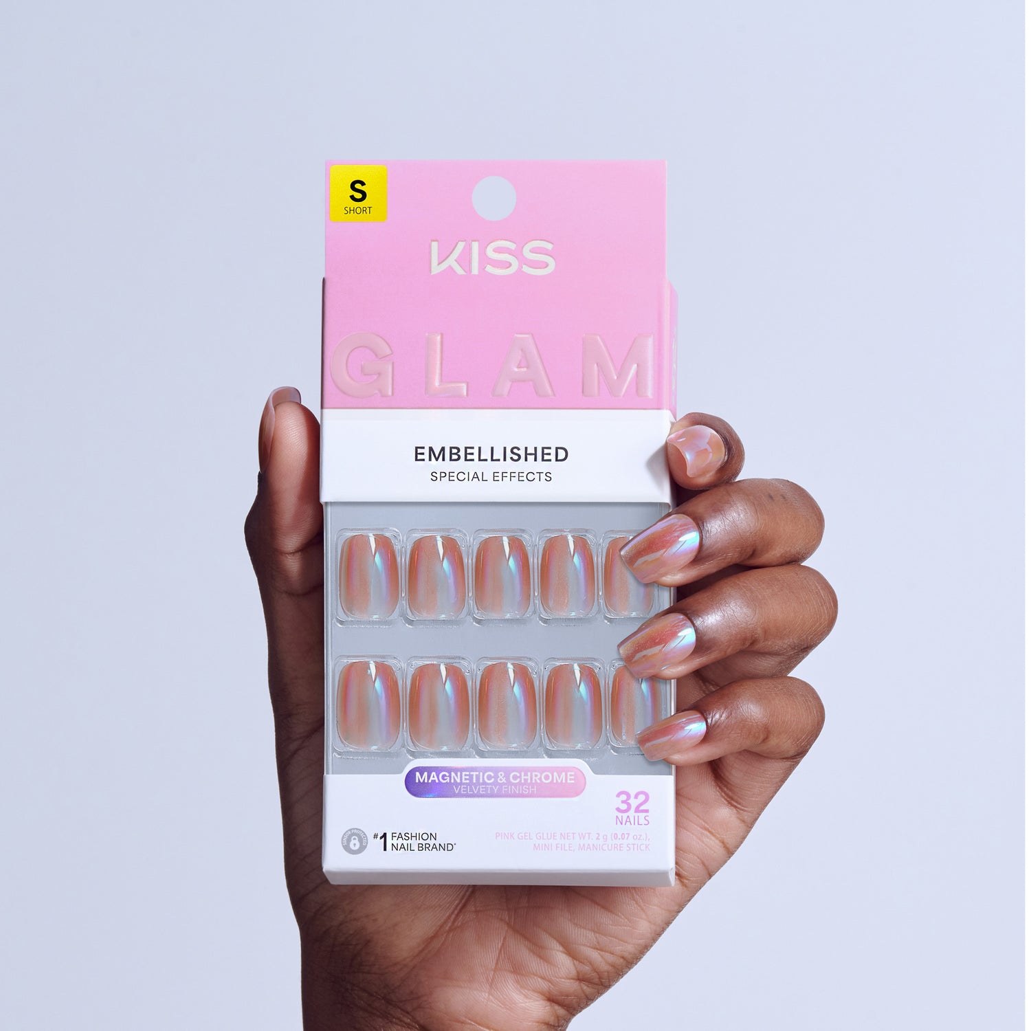 Kiss Glam Embellished fake nails in size S displayed on hand with magnetic chrome finish.