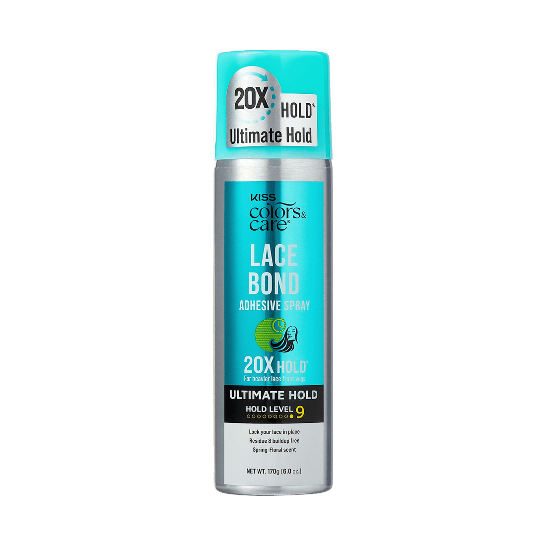 The image features a can of "Kiss Colors &amp; Care Lace Bond Adhesive Spray." The packaging is predominantly silver with a turquoise label. The label highlights the product&