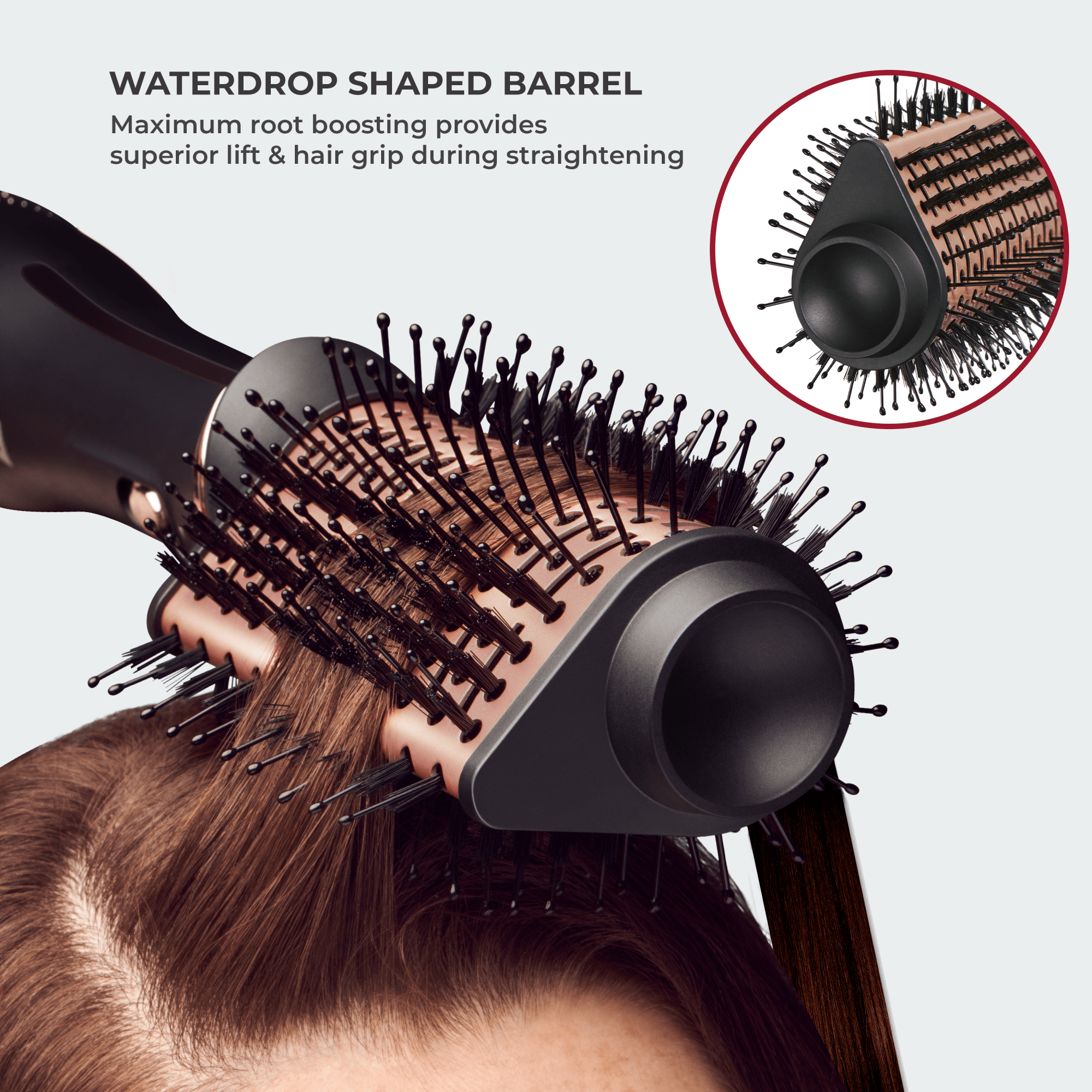 Round hairbrush with a black handle and rose gold waterdrop-shaped barrel lifting brown hair at the roots. Text highlights superior root lift and hair grip during straightening.