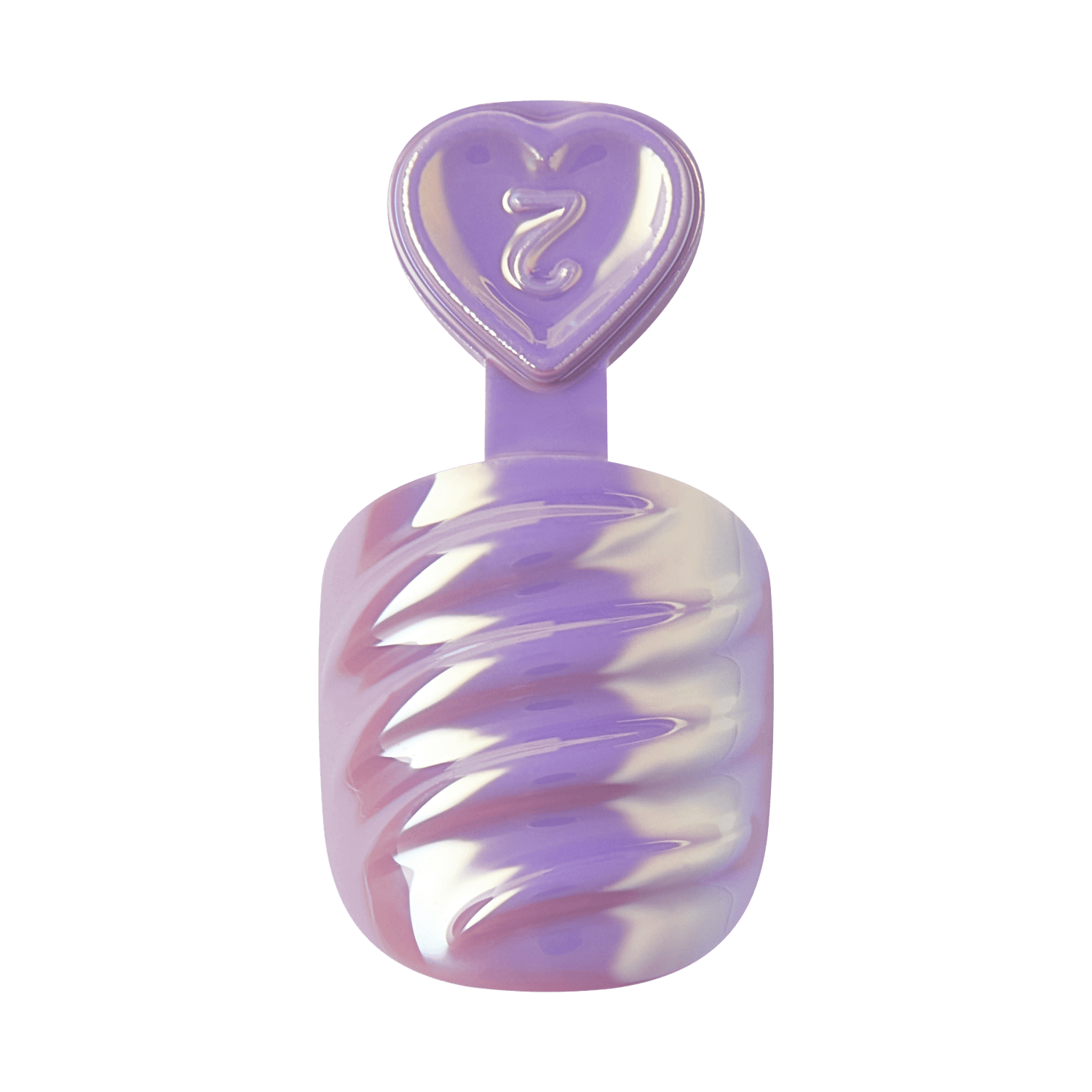 The image features a nail polish bottle with a unique design. The bottle is shaped with a twisted, spiral pattern and is predominantly a soft lavender color. The cap is heart-shaped and has a glossy finish, also in a light purple hue. The overall aesthetic is playful and trendy, appealing to a youthful audience.