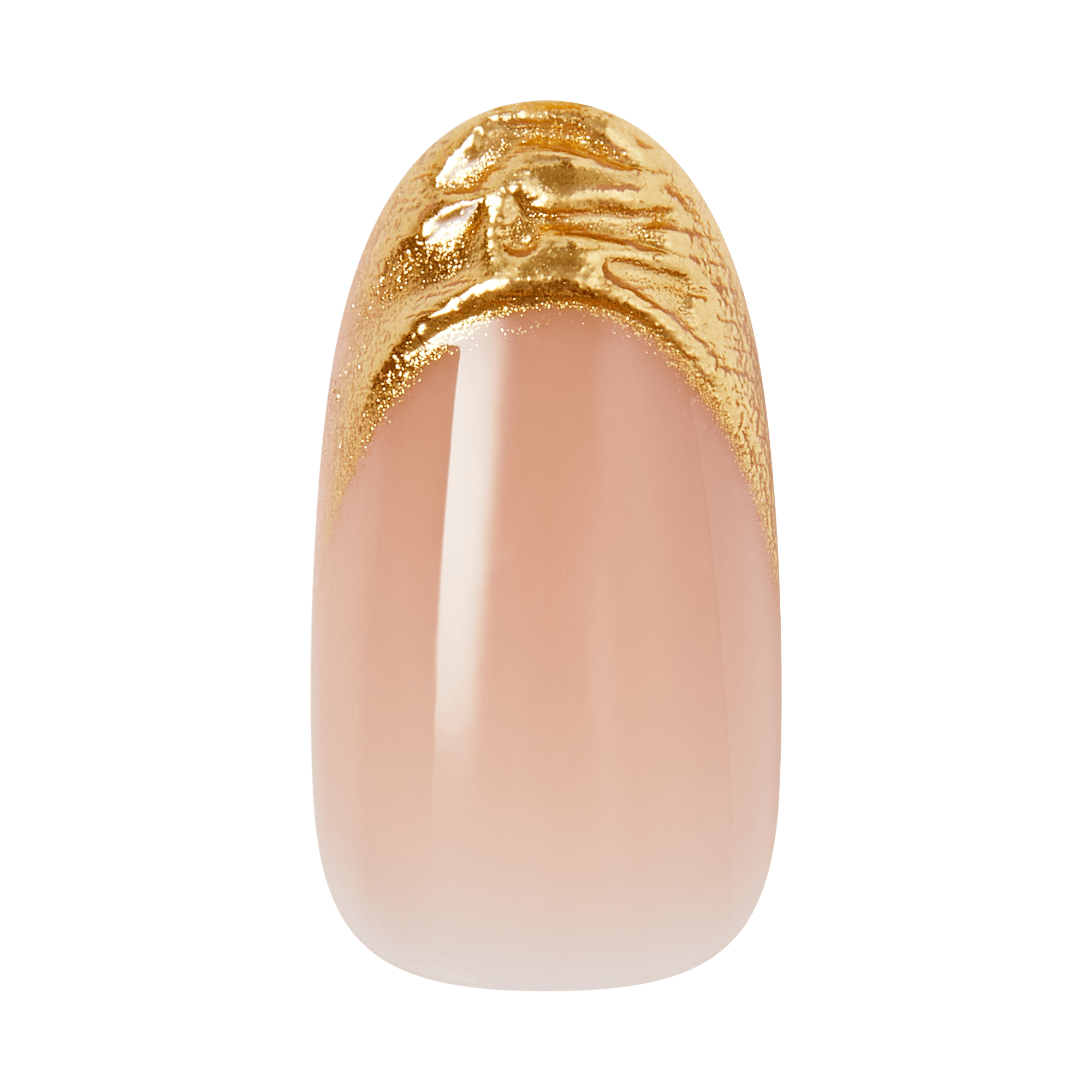 Almond-shaped nail with nude base and gold glitter tip design