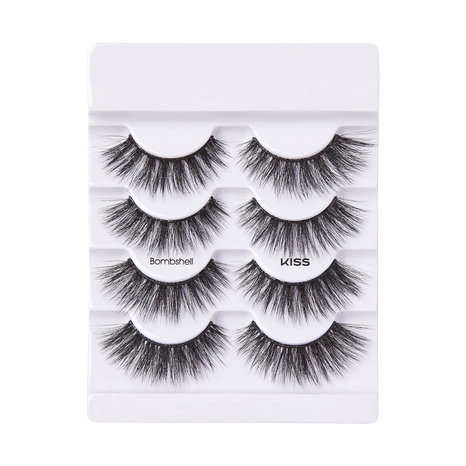 Set of four pairs of black dramatic false eyelashes in white plastic tray, labeled \