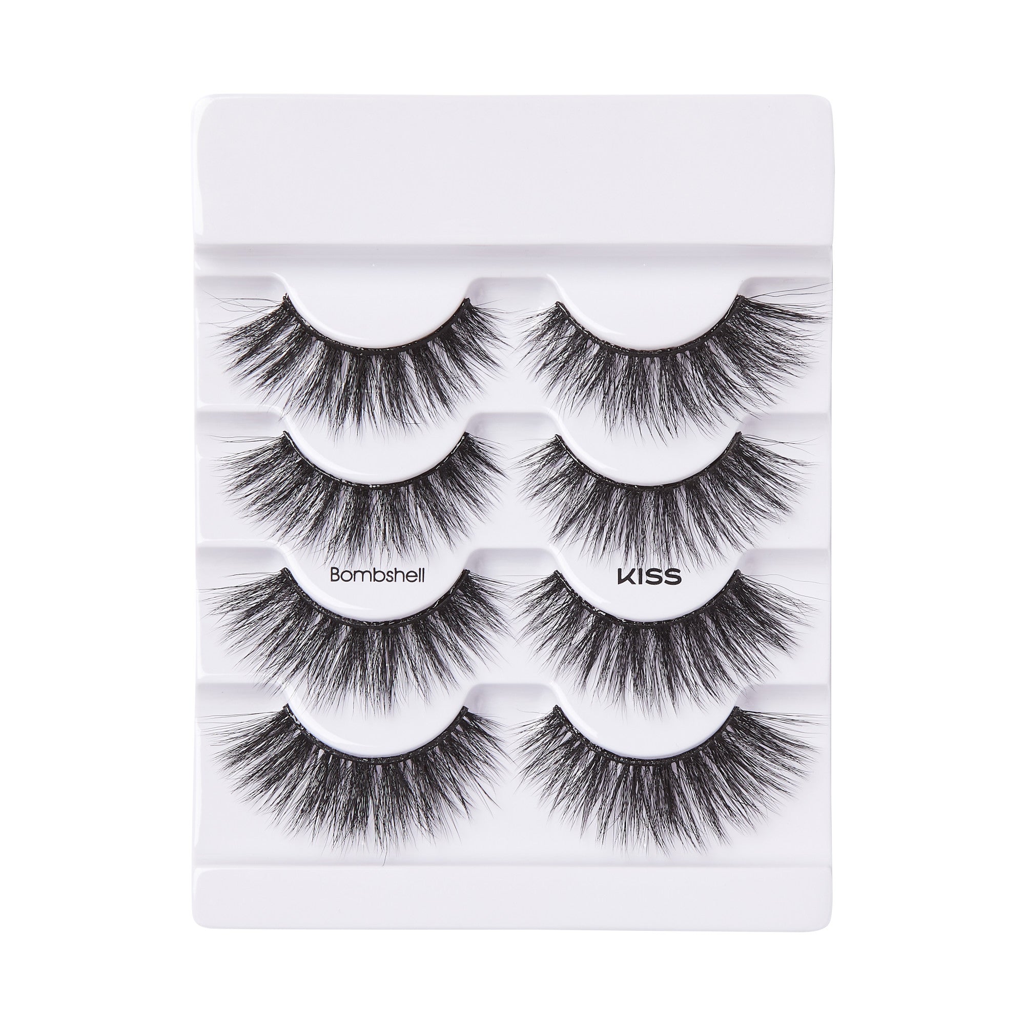 Set of four pairs of black dramatic false eyelashes in white plastic tray, labeled \