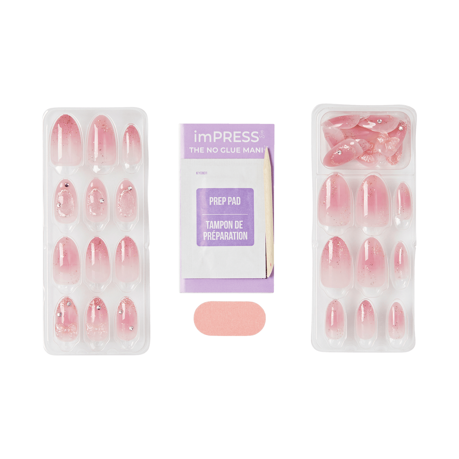 imPRESS No Glue Mani press-on nails kit with prep pad in pink glitter.