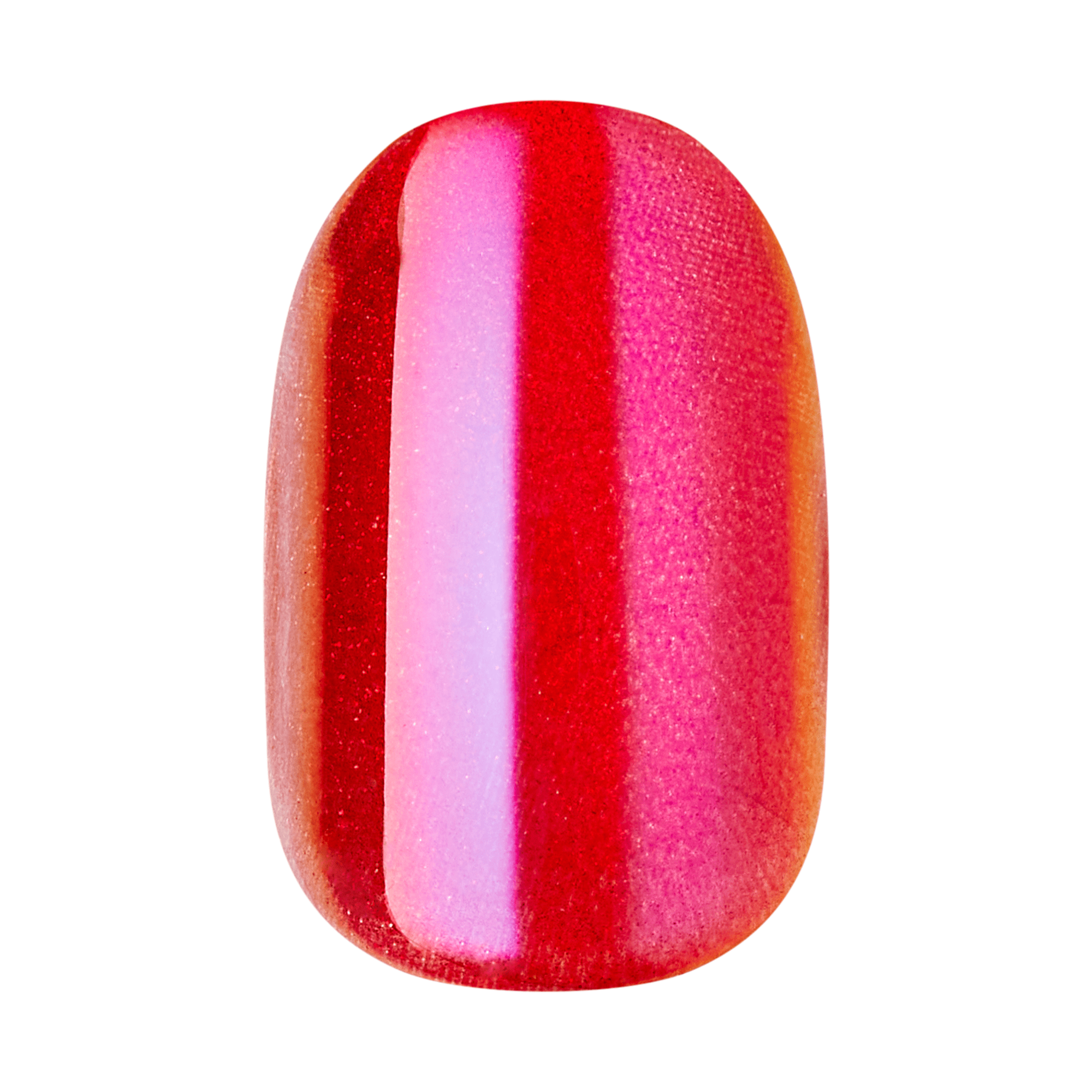 The image features a nail design that showcases a vibrant red color with a glossy finish. The surface has a slight shimmer, reflecting light and creating a gradient effect that transitions from a deeper red to a lighter, almost pinkish hue. The shape of the nail is oval, emphasizing a polished and well-groomed appearance.
