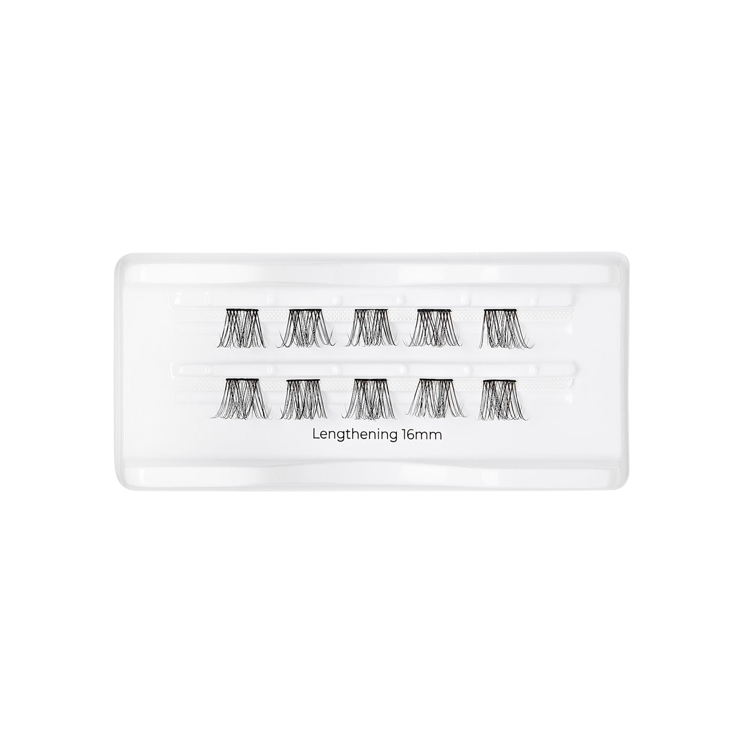 Plastic tray containing ten small clusters of black false eyelashes arranged in two rows, labeled \