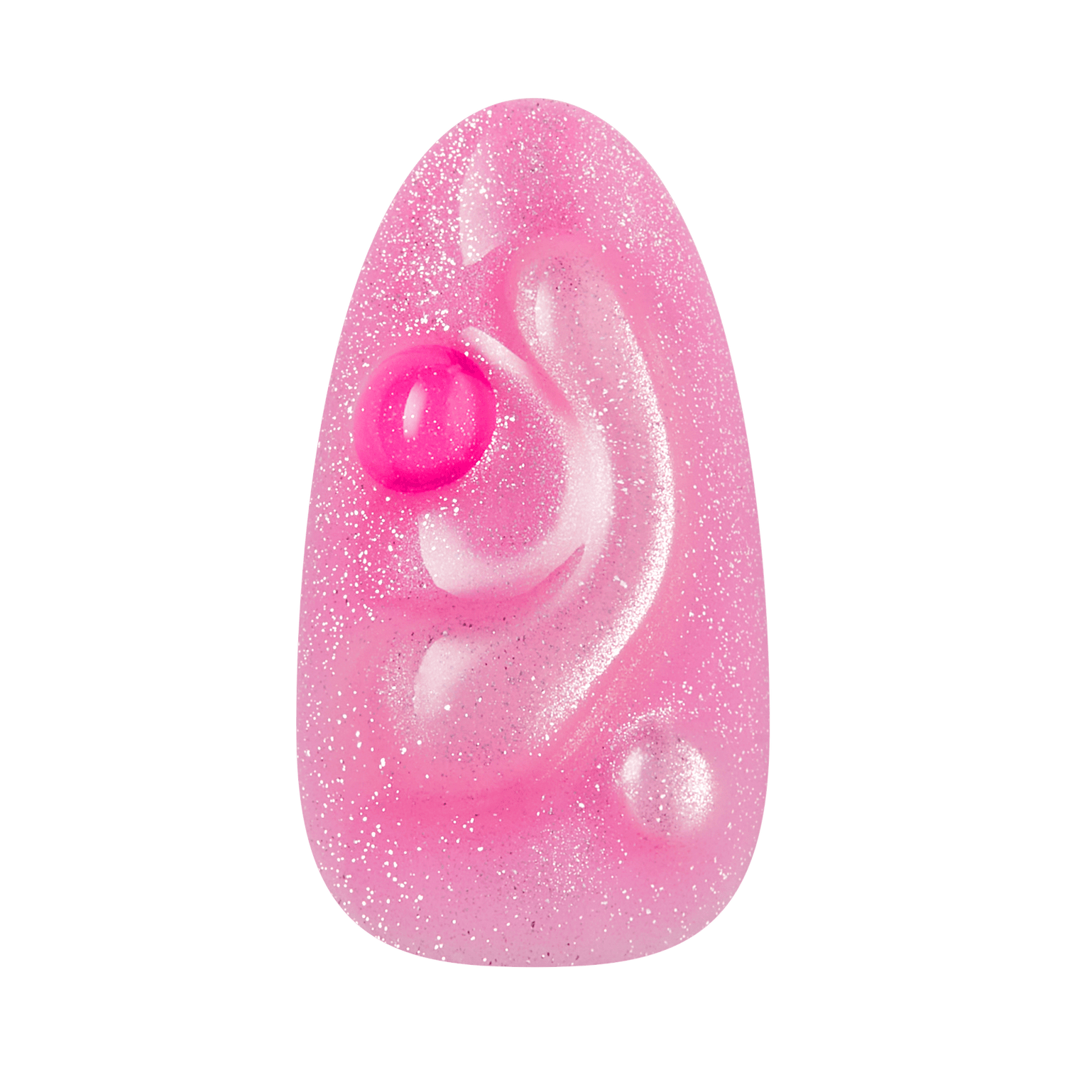 Pink glittery egg-shaped bath bomb with swirled gel and central sphere.
