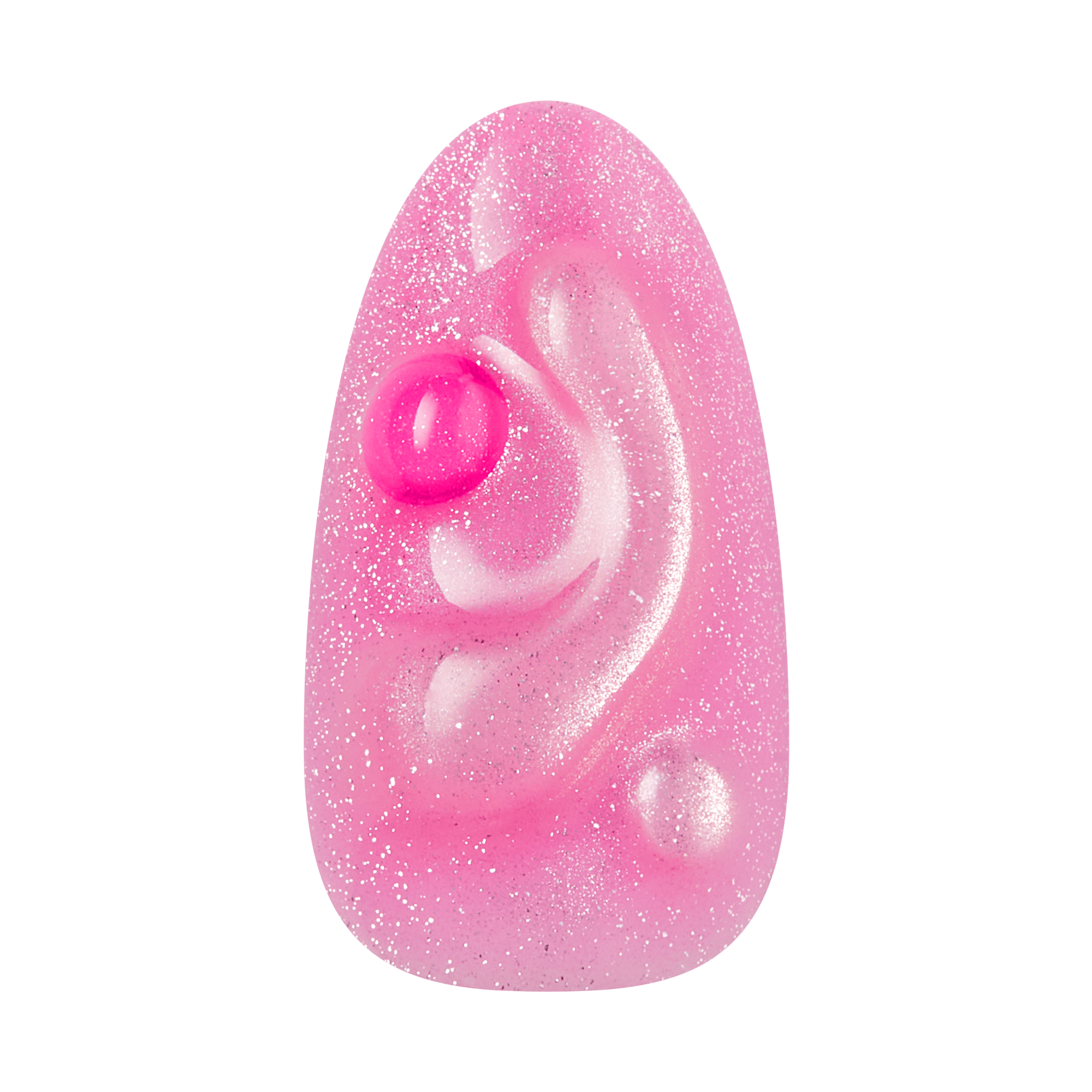 Pink glittery egg-shaped bath bomb with swirled gel and central sphere.