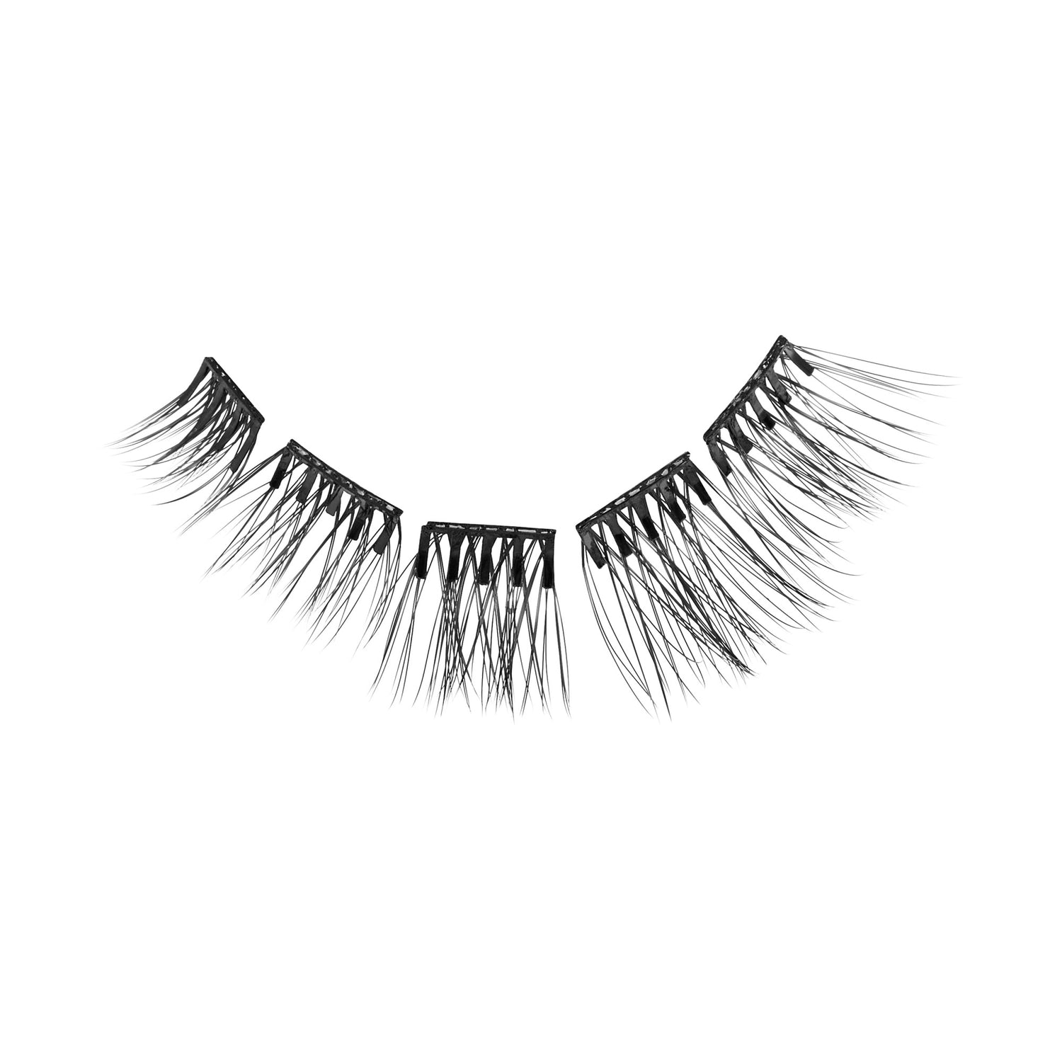 Pair of black false eyelashes with wispy, layered fibers on white background.