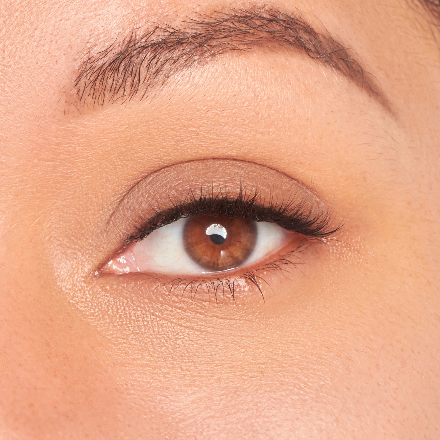 Close-up of a brown eye with natural-looking, individually applied eyelash extensions enhancing lash length and volume.