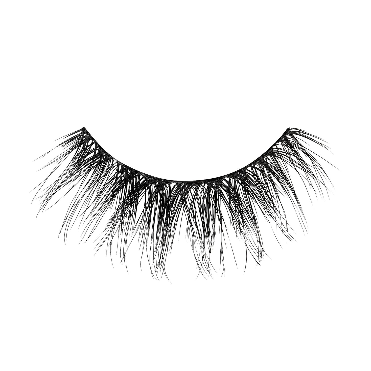 Single strip of black false eyelashes with a delicate, wispy design and varying lash lengths creating a natural, fluttery effect.