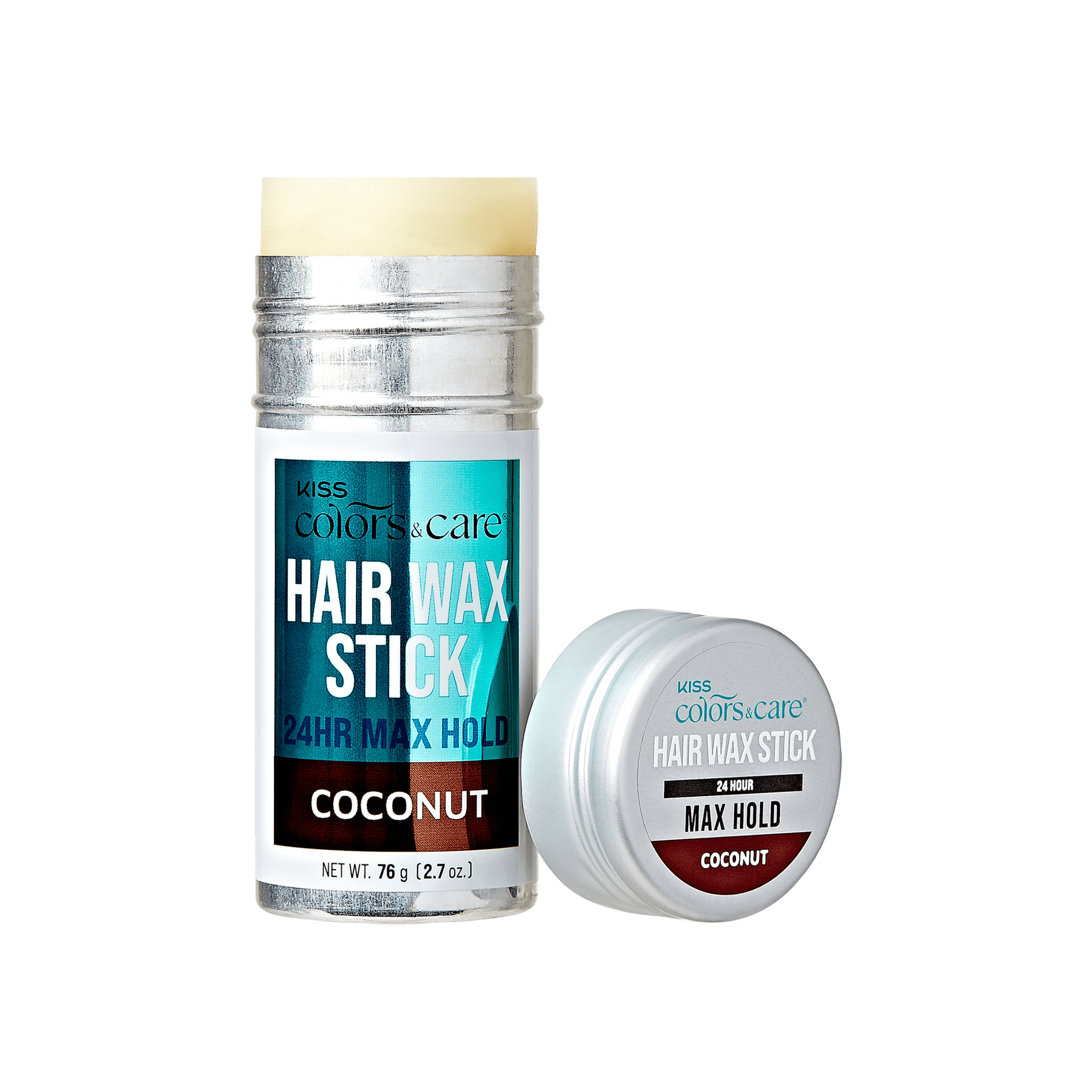 KISS Colors &amp; Care hair wax stick in silver tube with turquoise label, open with cap beside it, labeled 24HR max hold coconut scent, 2.7 oz.