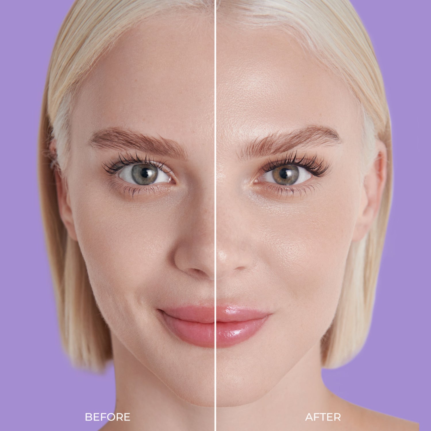 Close-up of a woman’s face split down the middle against a purple background, showing natural eyelashes on the left and longer, fuller self-adhesive eyelashes on the right labeled \