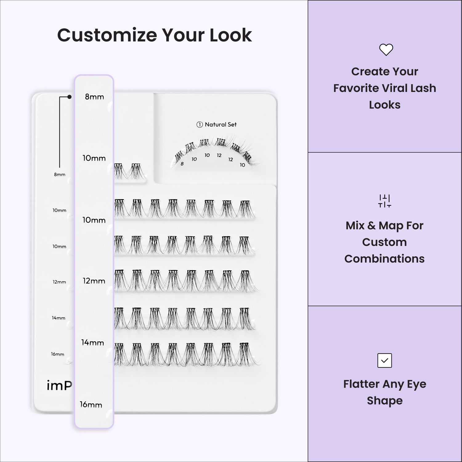 Lash length and style guide showing 8mm-16mm options for customizing viral lash looks.