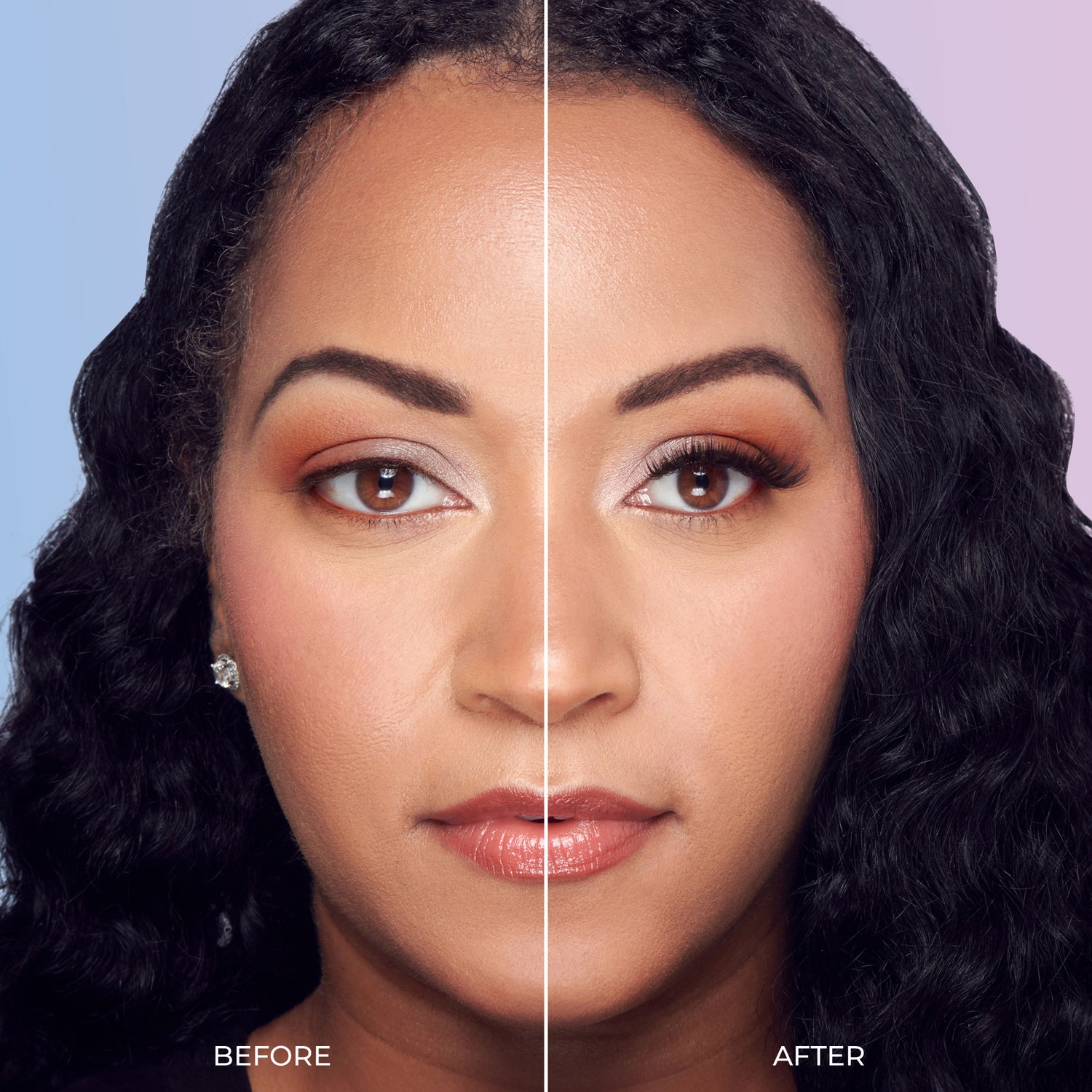 Before and after cosmetic treatment showing facial changes with enhanced eye makeup and skin appearance.
