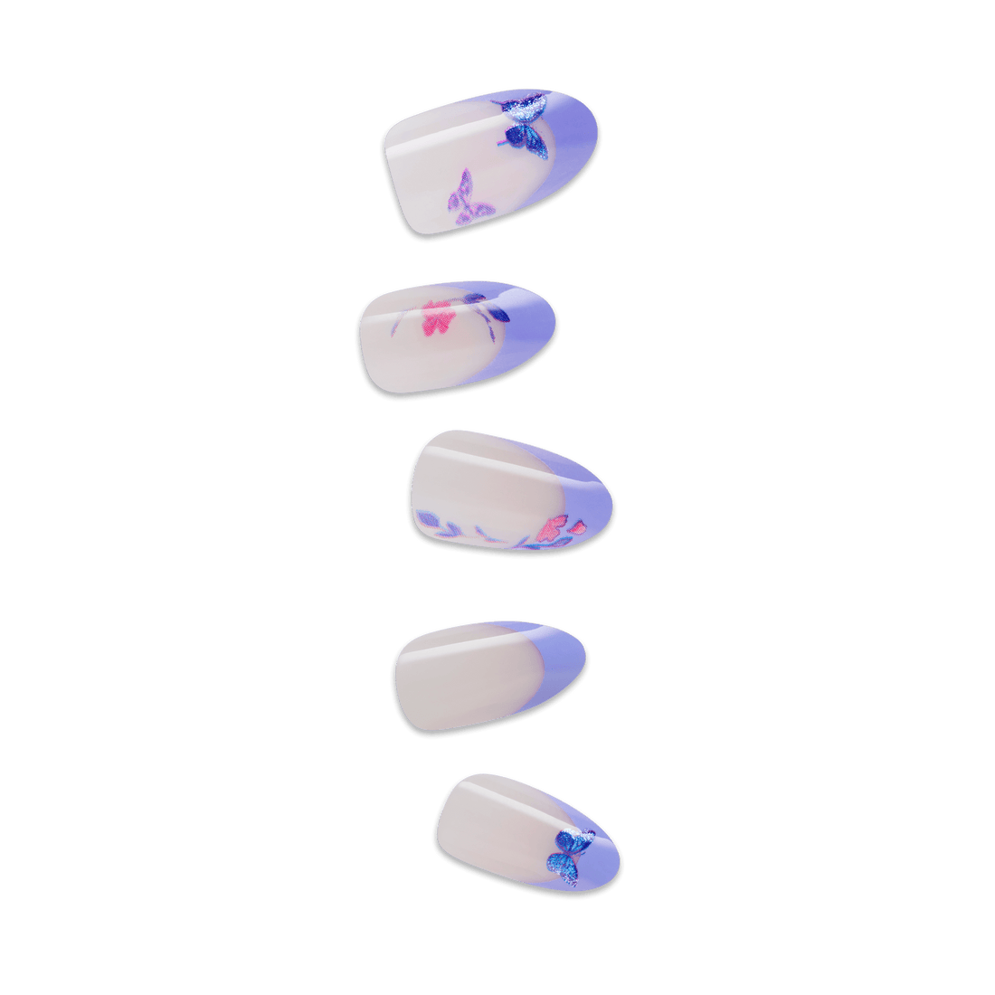 Five oval press-on nails with purple tips and butterfly designs in blue and pink.