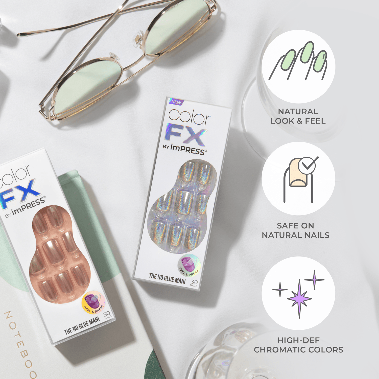 Two boxes of colorFX by imPRESS press-on nails on a white surface, showing holographic and nude nail designs, with icons highlighting natural look, nail safety, and vivid colors.