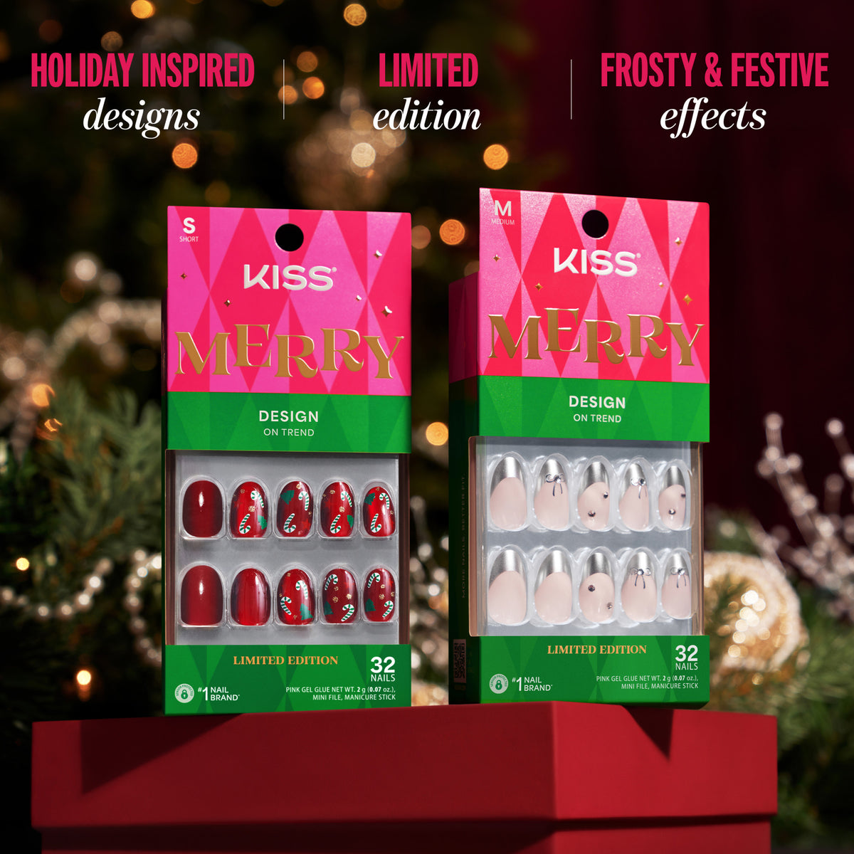 Kiss Merry Holiday Press On Fake Glue Nails - Merry Tips | Design, Pink, Short, Squoval