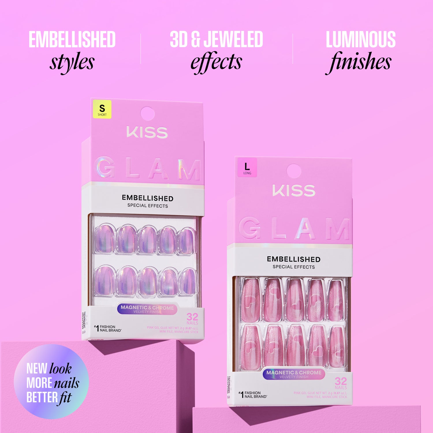 Kiss Glam Embellished Press On Fake Glue Nails - Mirror | 3D &amp; Jewel Design, Red, Medium, Almond