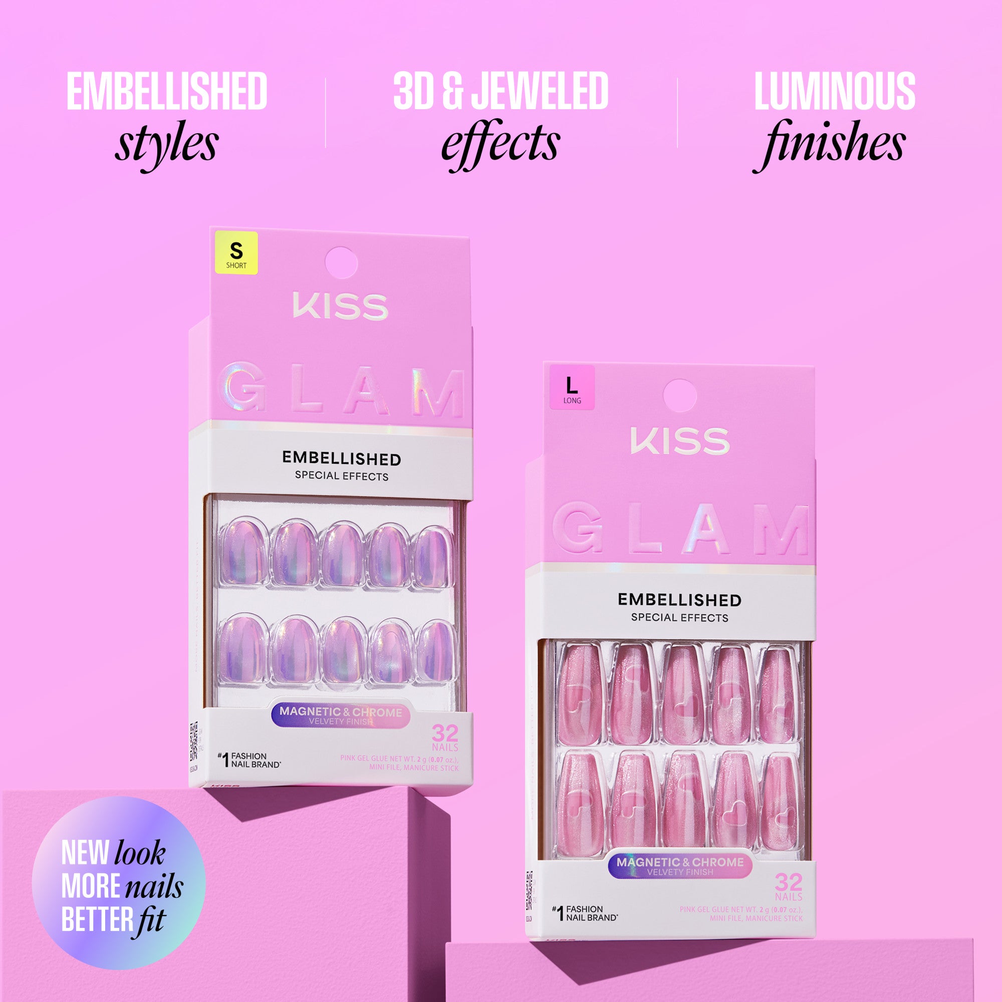 Kiss Glam Embellished Press On Fake Glue Nails - Mirror | 3D &amp; Jewel Design, Red, Medium, Almond